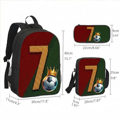 3-Pieces Backpack Set, Themed Backpack for Soccer Number 7 – Multifunctional Large Capacity Daypack with Lunch Bag & Case for Daily Life - style: Soccer Number 7