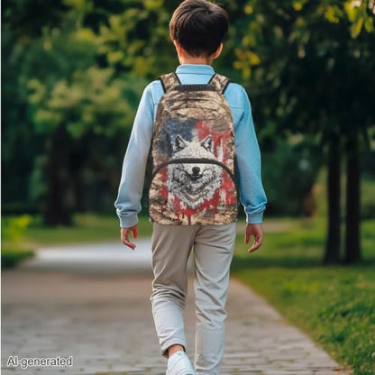 Kids Backpack for School, Branches American Flag Wolf 17 Inch Bookbag with Lunch Box Kids School Bag Set 3pcs School Daypack for Teens Boys Girls - color: Branches American Flag Wolf