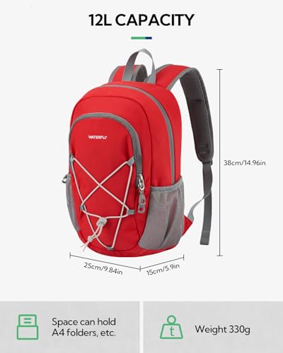 WATERFLY 12L Small Hiking Backpack: Day Pack Lightweight Travel Bag Camping Fitness Cycling Outdoor Sports Daypack For Women Men - color: Red