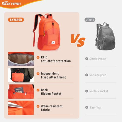 SKYSPER Small Hiking Backpack for Men Women 20L RFID Packable Daypack Ultralight Foldable Back Pack Lightweight Collapsible Travel Day Pack - color: Orange