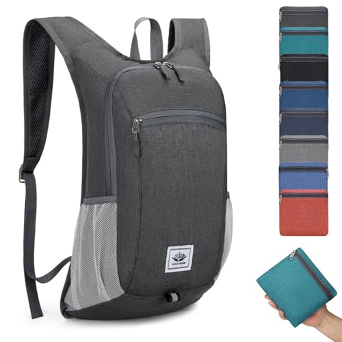 DOJUNS Hiking Backpack 15L Small Travel Backpack Lightweight Foldable Daypack Packable Camping Backpacks for Women Men (Dark Grey) - color: Dark Grey