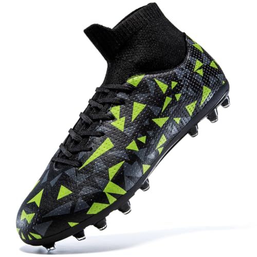 Kids Soccer Cleats High-top Youth Training Football Shoes for Boys Girls Firm Ground Outdoor Athletic Cleats for Little/Big Kid - color: Black, size: 2 Little Kid
