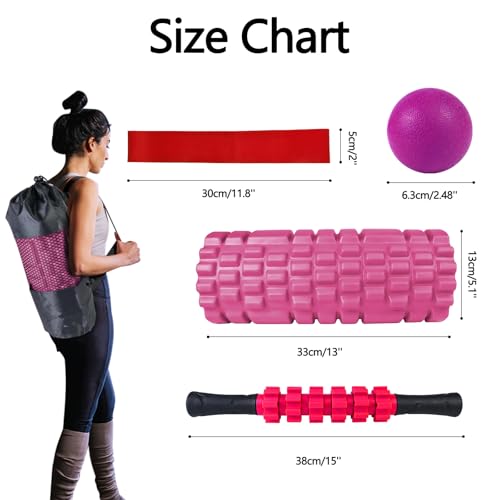 JOYENERGY 5 in 1 Foam Roller Set, Trigger Point Foam Roller Patented, Massage Stick, Massage Ball, Resistance Band for Deep Muscle Massage Pilates Yoga, Fitness Exercise for Whole Body - color: Rose Red