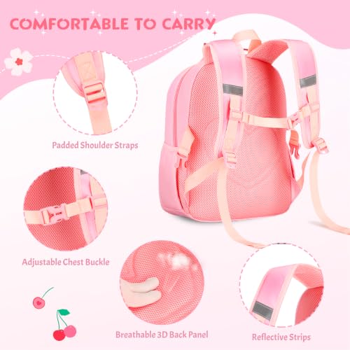 Kids Backpack for Girls 5-8, 4PCS Toddler Backpack with 13oz Kids Insulated Water Bottle, Lunch Box and Pencil Case, Girls Bookbag Schoolbag for Primary Kindergarten Elementary School - color: Pink Red Cherry