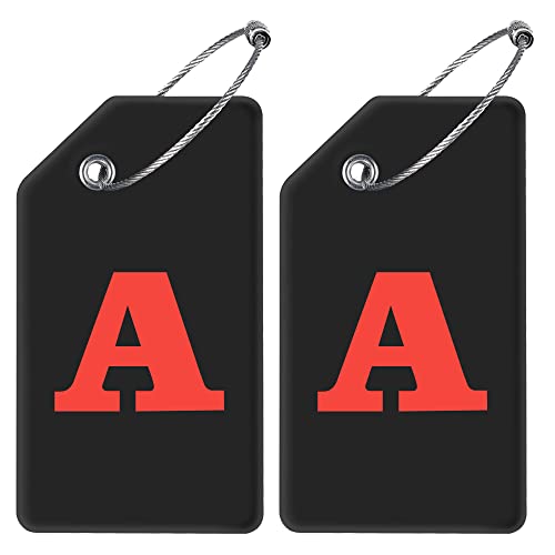 Gostwo 2 Pack Silicone Luggage Tags for Suitcases, 26 Initial Letter Baggage Labels Handbag School Bag Suitcase Instrument Tag with Stainless Steel Loop(Black)(Letter A) - color: Black, size: A