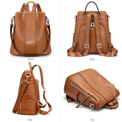 S-ZONE Leather Backpack Purses for Women Antitheft Rucksack Shoulder Bag Medium - color: Brown