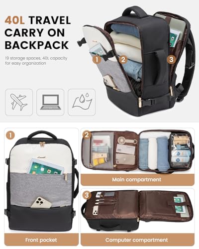 LOVEVOOK Travel Backpack for Women,40L Carry On Backpack Flight Approved with 3 Packing Cubes,TSA Personal Item Travel Bag Fits 17.3” Laptop,Weekender Hiking Business Luggage Daypack Beige Grey Black - color: Beige-grey-black