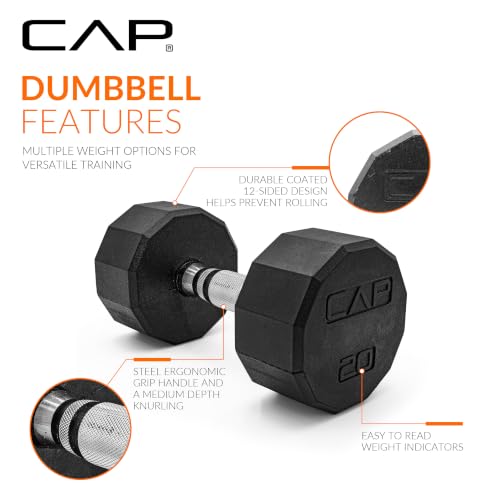CAP Rubber Coated Hex Dumbbell Set with Storage Rack | 100–210 lb Options, Space-Saving Vertical Compact Storage for Home Gym Strength Training - size: 100 lb - Set, style: 12-Sided Chrome Handle