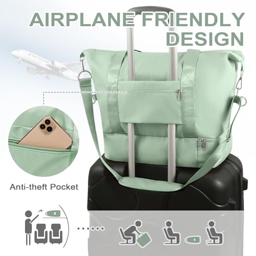 WOOMADA Weekender Bag for Women, Travel Duffel Bags with Shoe Compartment & Wet Pocket, Personal Item Bag for Airlines - color: Light Bean Green