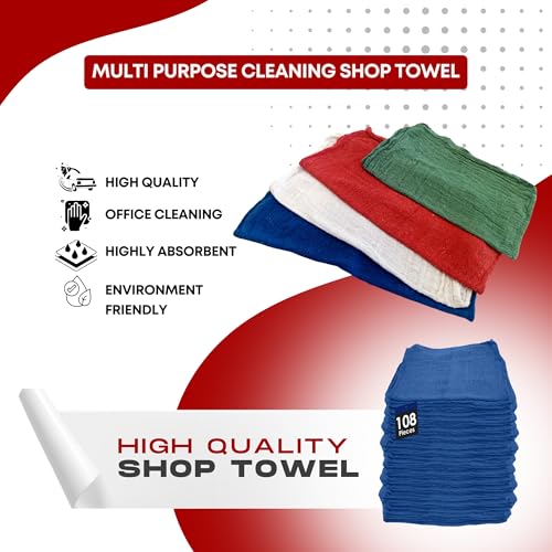 Cotton Shop Towels Cleaning Rags 108 Pack, 12x14 Inch 100% Cotton Bulk - Dye-Free Lint-Free Shop Rags Cleaning Cloths for Bar, Car, Garage, Automotive and Kitchen - Blue - color: Blue - 108 Pack