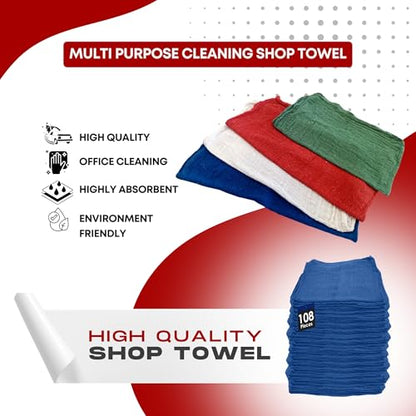 Cotton Shop Towels Cleaning Rags 108 Pack, 12x14 Inch 100% Cotton Bulk - Dye-Free Lint-Free Shop Rags Cleaning Cloths for Bar, Car, Garage, Automotive and Kitchen - Blue - color: Blue - 108 Pack
