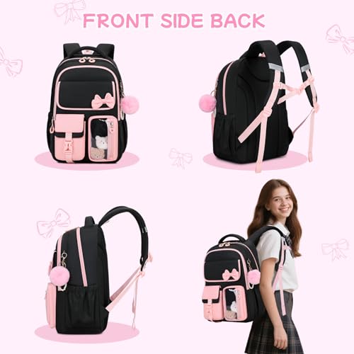 Girls Backpack, School Backpack for Girls, Cute Bow Kids Bookbag for Grils Children Teens for Elementary Middle High School Student, Back To School, Black Pink 3pcs - color: Black Pink-3pcs