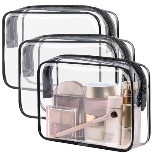 PACKISM TSA Approved Toiletry Bag - Clear Makeup Bag 3 Pack Medium, Metal Smooth Zipper Quart Size Bag for 3-1-1 Liquids, Travel Makeup Bag for Women Men, Airport Airline Compliant Bag, Black - color: Active Black, size: Medium Set (Standard)