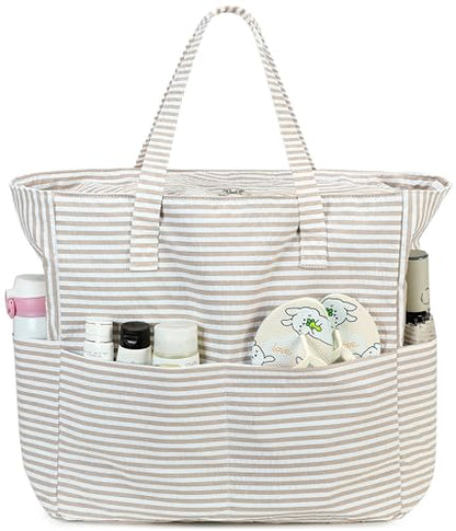 LEDAOU Beach Bag Waterproof Sandproof Women Beach Tote Pool Bag with Zipper for Swim Gym Grocery Travel with Wet Pocket | Sandproof - color: Khaki Stripe