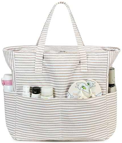 LEDAOU Beach Bag Waterproof Sandproof Women Beach Tote Pool Bag with Zipper for Swim Gym Grocery Travel with Wet Pocket | Sandproof - color: Khaki Stripe