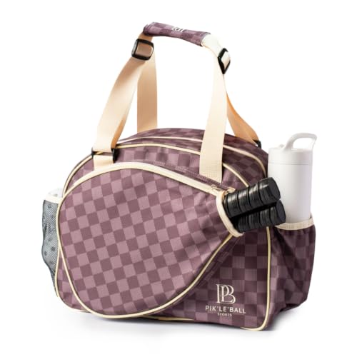 Pik’le’Ball Sport Premium Women's Pickleball Bag – Stylish and Versatile Sports Bag with Water Bottle Holder, Padded Paddle Pocket, and Spacious Design (fits 2+ Paddles!) - color: Checkered Chic Brown