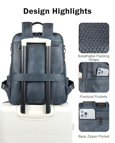 FADEON Laptop Backpack for Women Leather Travel Backpack with Laptop Compartment, Designer PU Shoulder Laptop Bag Blue - color: Dark Blue Retro Style