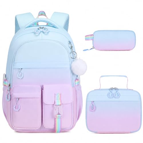 DIGOBAY 3PCS Girls Backpack for School, Kids Backpack for Girls with Lunch Bag Pencil Case, Kids Bookbag Teen Girl Backpacks for Elementary Middle High College School (Blue-purple Gradient) - color: Blue-purple Gradient