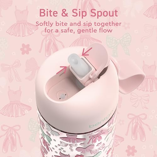 Bentgo Kids Water Bottle - Leak-Proof, Durable Tritan PFAS- & BPA-Free 15 fl oz, Kids/Toddlers Ages 3+ for School & Sports; Bite & Sip Spout, Carrying Handle, Dishwasher Safe (NEW Ballet & Bows) - color: Ballet and Bows