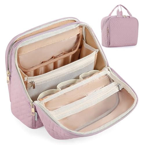 Standing Makeup Bag, Large Capacity with Room for Brushes and Mirror, Travel Makeup Organizer, Portable Stand Up Make Up Case, Waterproof Cosmetic Toiletry Bags with Handle, Color Dusty Purple - color: Dusty Purple