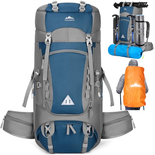 IGOLUMON 60L Hiking Backpack Waterproof Camping Backpack with Rain Cover Large Lightweight Backpacking Backpack for Men Women - color: Blue