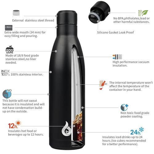 BJPKPK 25 oz Insulated Stainless Steel Water Bottle, Metal Sports Flask - color: Midnight Black, size: 25 Ounces
