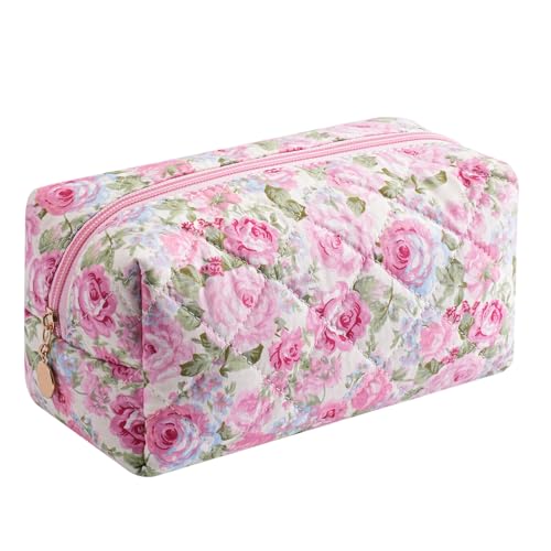 Cute Floral Makeup Bag Small Cotton Quilted Cosmetic Bag, Aesthetic Essential Bag Emergency Bag Gift for Women Girls Travel Accessories (Pink Rose) - color: Pink Rose