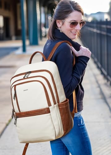 Shrrie 17 inch Leather Laptop Backpack for Women, Large Travel Backpack with 6 Compartments, Computer Backpack Purse for Work College - color: Beige
