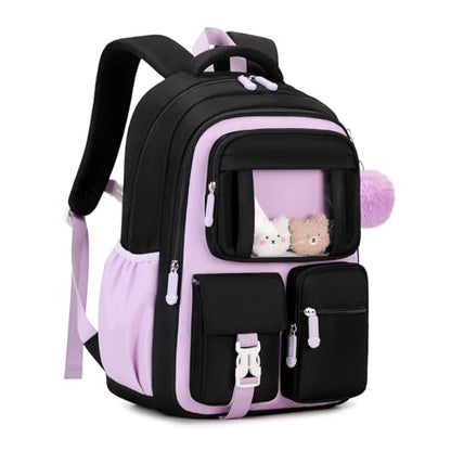 PIG PIG GIRL Kids Backpack for Girls School Bags for Middle School Students Book Bag for Elementary Primary Kawaii Ita Backpack, Black and Purple - color: Black and Purple