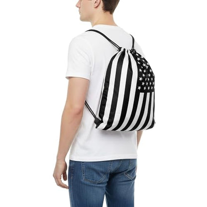 Black White American Flag Drawstring Backpack, Lightweight Cinch String Sports Sackpack for Men & Women,pack of 2 - color: Americanflag-black White