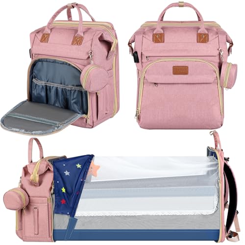 ZRSUN Diaper Bag Backpack with Portable Station & USB Port, Large Capacity Travel Baby Bag with Changing Pad, Waterproof Multi-Function Maternity Backpack for Mom & Dad (Pink) - color: Pink
