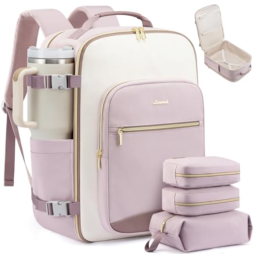 LOVEVOOK 50L Large Travel Backpack for Women, Carry on Backpack Airline Approved, Waterproof Travel Essentials fits 18" Laptop, TSA Personal Item Travels Bag Sports Backpack with 3 Packing Cubes - color: Lavender-beige-purple, size: 18.5 Inch-50L-4Pcs