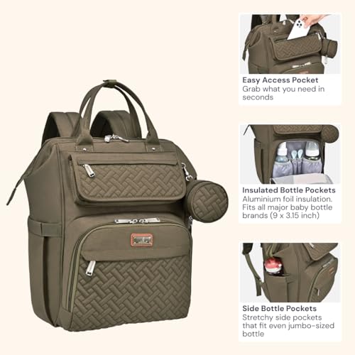 BabbleRoo Diaper Bag Backpack, Multifunction Nappy Changing Bag with Changing Pad, Stroller Straps & Pacifier Case, Unisex Stylish Travel Back Pack for Moms & Dads - Army Green - color: Army Green
