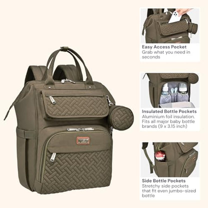 BabbleRoo Diaper Bag Backpack, Multifunction Nappy Changing Bag with Changing Pad, Stroller Straps & Pacifier Case, Unisex Stylish Travel Back Pack for Moms & Dads - Army Green - color: Army Green