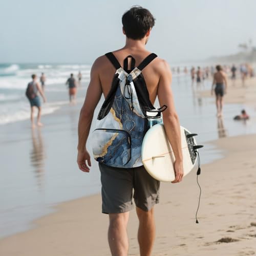 Drawstring Backpack For Swim Gym Swim Bag With Water Bottle Holder Pull String Back Pack Waterproof Marble White Navy Blu - color: Color 14