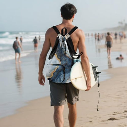 Drawstring Backpack For Swim Gym Swim Bag With Water Bottle Holder Pull String Back Pack Waterproof Marble White Navy Blu - color: Color 14