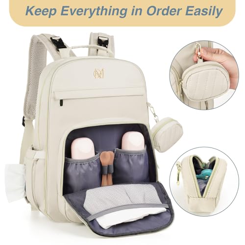 MOMUVO Diaper Bag Backpack, Quilted Baby Bag with Changing Pad and Stroller Straps and Pacifier Case, Multifunction Waterproof Travel Diaper Bags, Unisex, Beige - color: Beige
