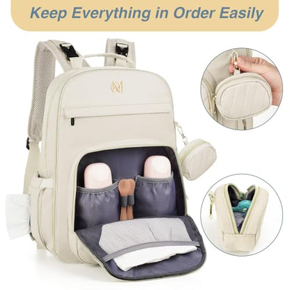 MOMUVO Diaper Bag Backpack, Quilted Baby Bag with Changing Pad and Stroller Straps and Pacifier Case, Multifunction Waterproof Travel Diaper Bags, Unisex, Beige - color: Beige