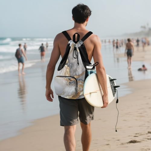 Drawstring Backpacks Camp Bag With Inside Pockets String Swim Bag Dry Wet Separation Marble White Neutral - color: Color 17