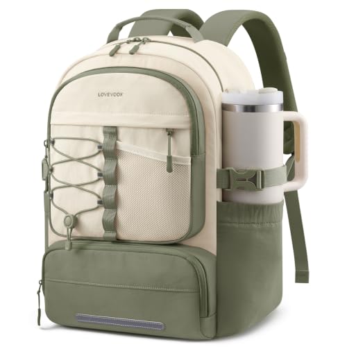 LOVEVOOK School Backpack for Teen Girls, Unique Style College Student Backpacks with Large Cup Holder, Cute Kid Bookbag with Pens Compartment, Large Capacity Back to School Backpack Fit 15.6'' Laptop - color: Pea Green&beige, size: Medium
