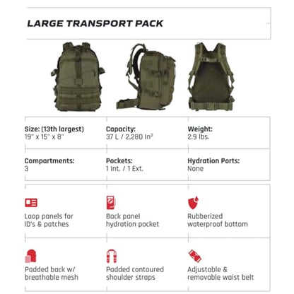 FOX OUTDOOR PRODUCTS Large Transport Pack | 37L Tactical Backpack with Compression Straps, Hydration Pocket & Modular Webbing - color: Olive Drab