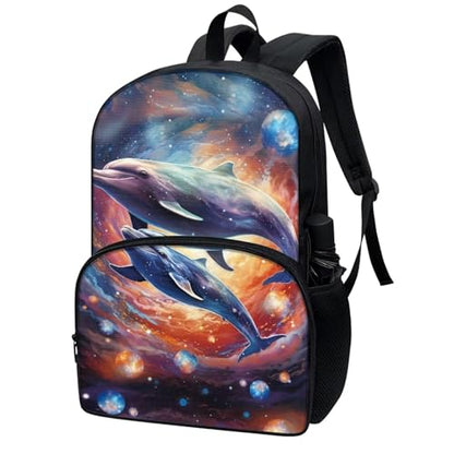Talayituse Dolphin Galaxy Print School Bag Backpack for Kids Boys Travel Casual Daypack with Bottle Holder Pocket Large Capacity Bookbags Back to School Gifts Rucksack - color: Dolphin Galaxy