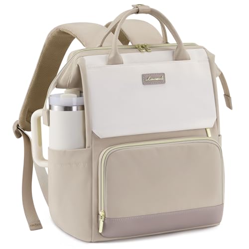 LOVEVOOK Laptop Backpack for Women with Giant Tumbler Holder Pocket, 17 inch Travel Work Backpack Purse for Nurse Teacher, Waterproof Bag College Bookbag Casual Daypack Khaki - color: Khaki Beige, size: 17.3 inch