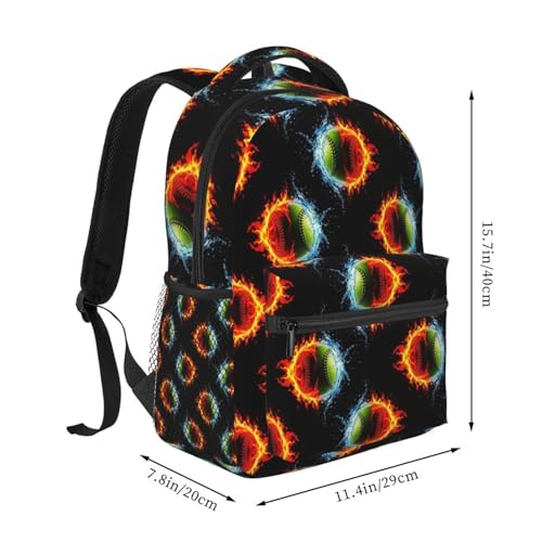 Casual Travel Backpack Ice Water Fire Flame Softball Baseballs for Men Women, Lightweight Water Resistant Commuter Daypack with Laptop Compartment and Side Mesh Pockets - color: Pattern (257)