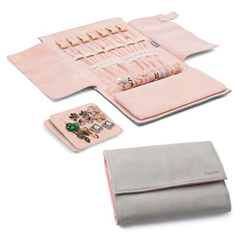 Becko US Jewelry Organizer Roll Travel Jewel Bag case for Multiple Necklaces, Rings, Bracelets, Supple Leather & Suede, Large Capacity Without Crease, Lightweight, Portable & Practical (Gray) - color: Gray