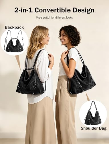 3-Way Convertible Hobo Bag for Women, Soft Shoulder Backpack, Casual Daily Tote Purse with Adjustable Strap - color: Black