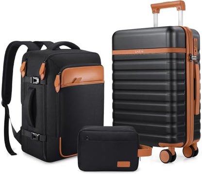 UKEIN Luggage Sets 3 Piece, Carry On Luggage 20In With Spinner Wheels,PC Hardside Suitcase Set with TSA Lock,Durable Carry On Suitcase With Travel Backpack for Men (Black, 3 piece set (20inch)) - color: Black, size: 3 piece set (20inch)