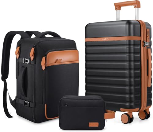 UKEIN Luggage Sets 3 Piece, Carry On Luggage 20In With Spinner Wheels,PC Hardside Suitcase Set with TSA Lock,Durable Carry On Suitcase With Travel Backpack for Men (Black, 3 piece set (20inch)) - color: Black, size: 3 piece set (20inch)