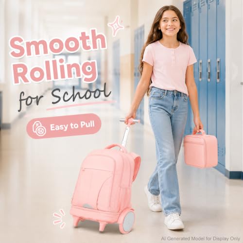 AGSDON Quiet Glide Rolling Backpack with Lunch Box Set - Large Wheel Water-Resistant Wheeled Bag for Business, Travel, and College | Blush Pink 3-in-1 Organizer Backpack - color: Reflective Pink - Rolling Backpack