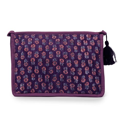 Quilted Makeup Bag- Large Capacity Cosmetic Bags for Women - Water Resistance Lining Portable Pouch & Open Toiletry Bag - Perfect Girls Makeup Organizer for Travel Essentials (Purple & Orange Floral) - color: Purple & Orange Floral